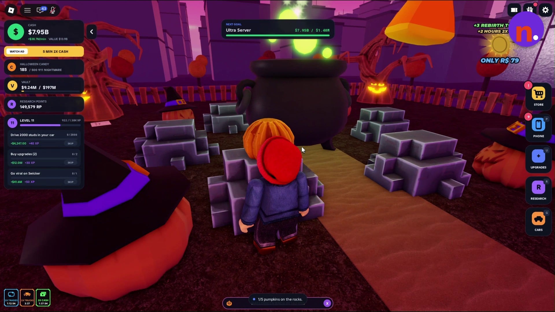 Place the recipe pumpkins on the stone pedestals around the cauldron.