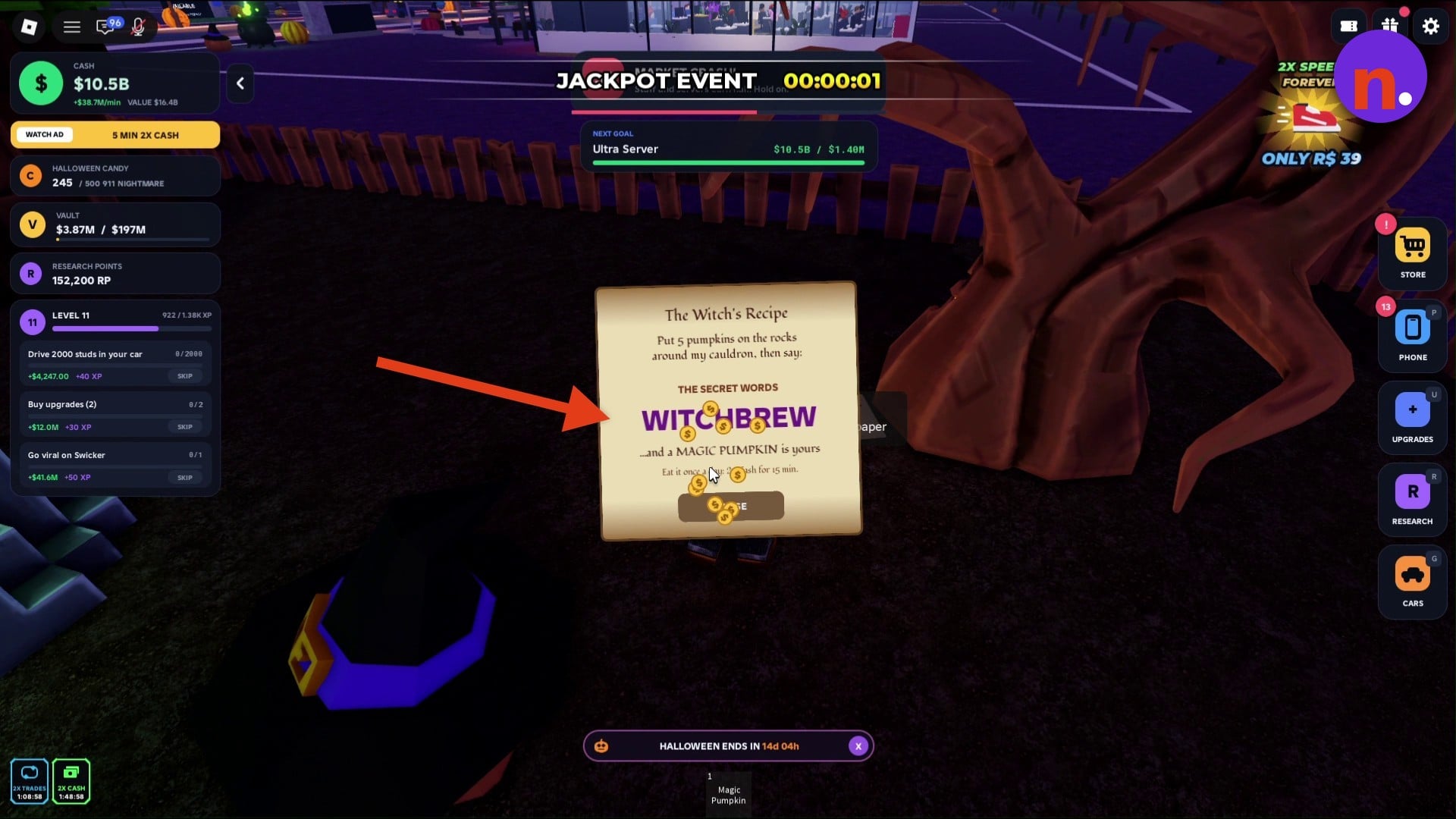 The Old Paper note contains the Witch's Recipe and its secret phrase.