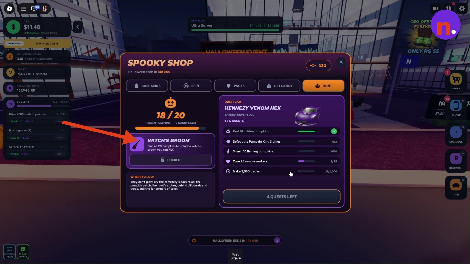 The Hunt tab holds the hidden-pumpkin counter and Witch's Broom requirement.