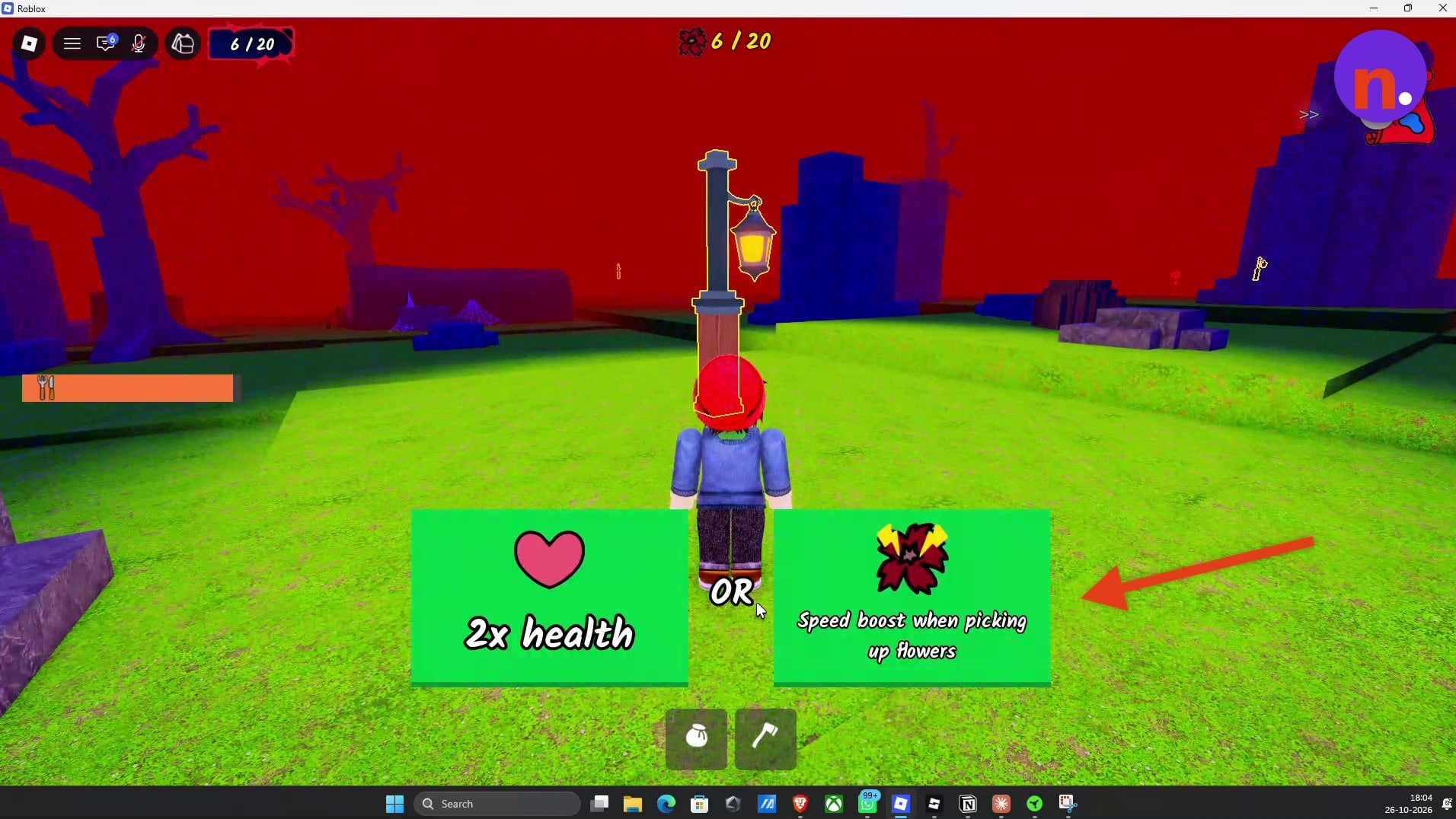 An upgrade menu pairs double health with a flower-pickup speed boost