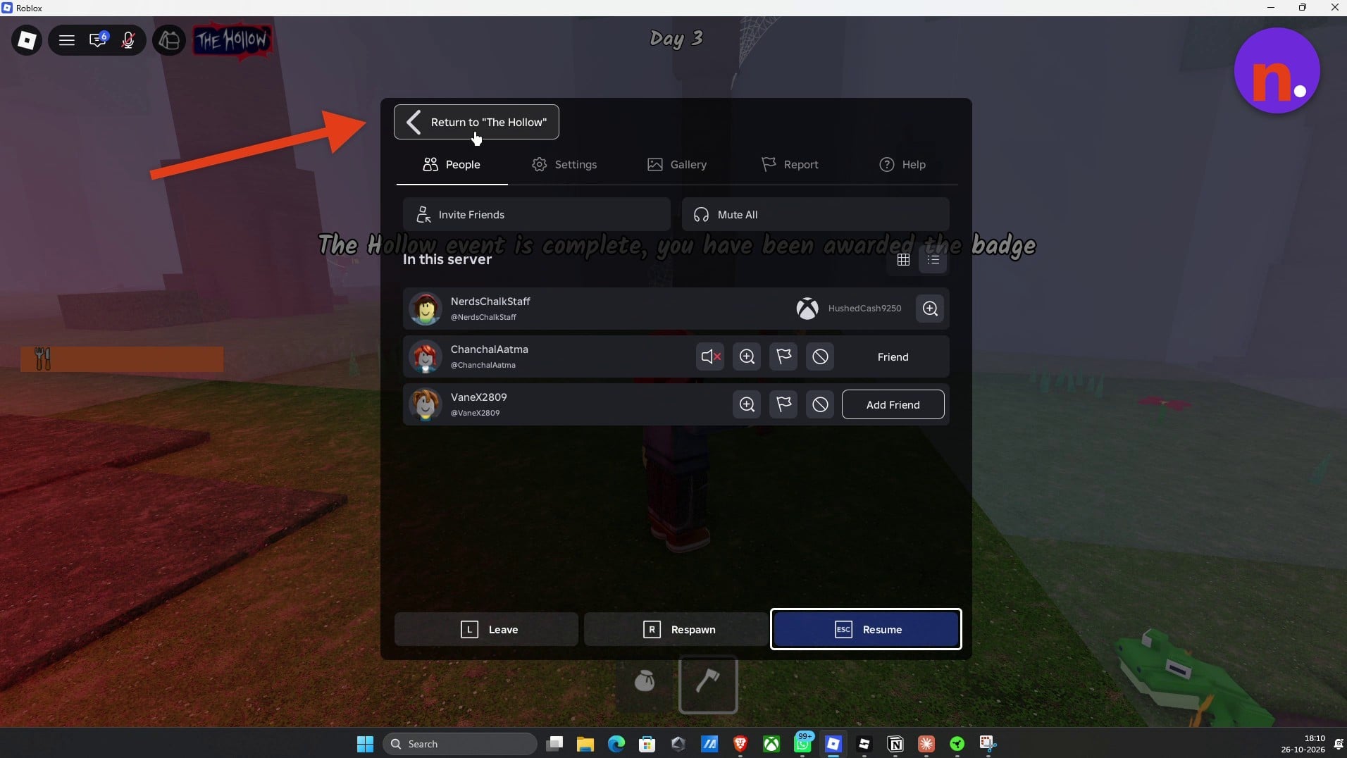 Choose Return to The Hollow in the Roblox menu