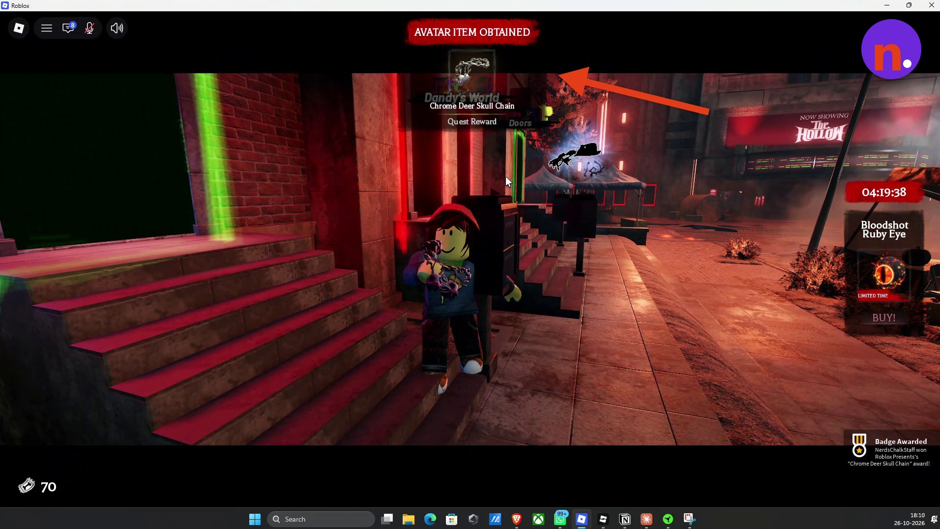 The Chrome Deer Skull Chain reward popup appears in the hub