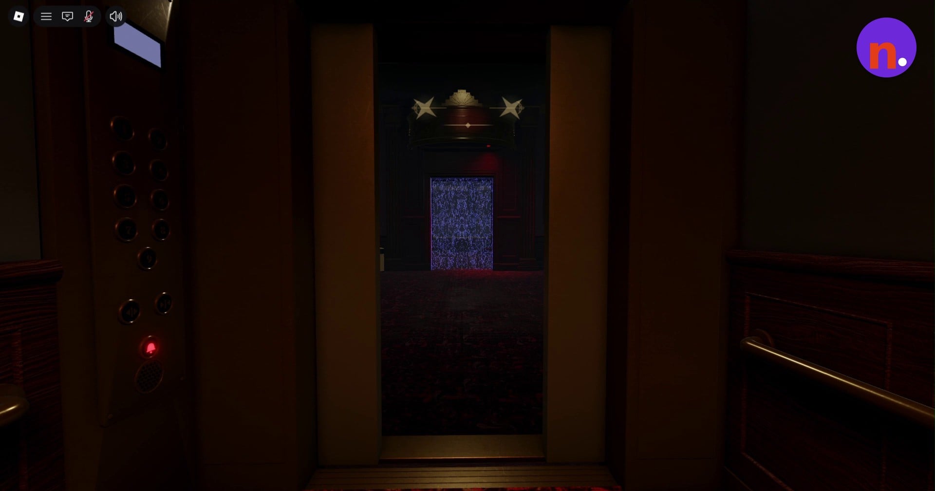 The glowing purple doorway beyond the elevator