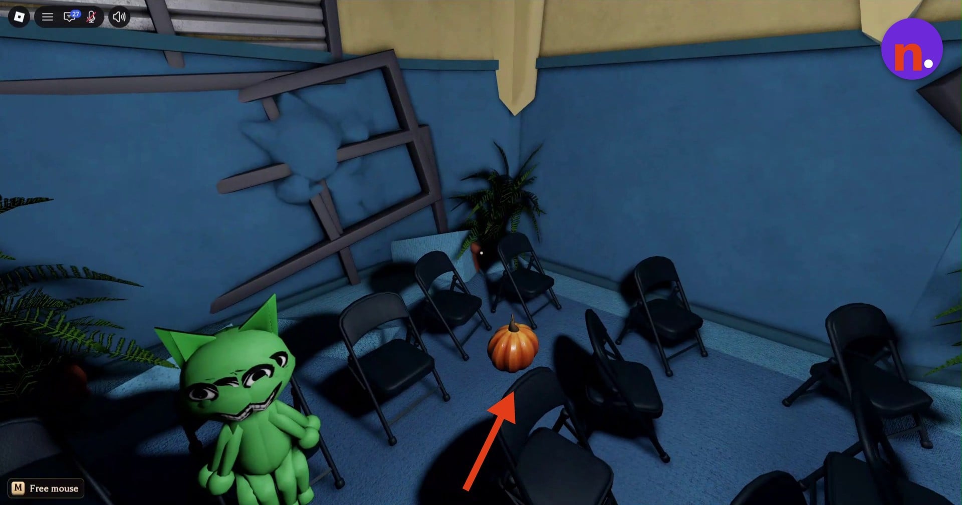 The orange pumpkin in the blue-walled room