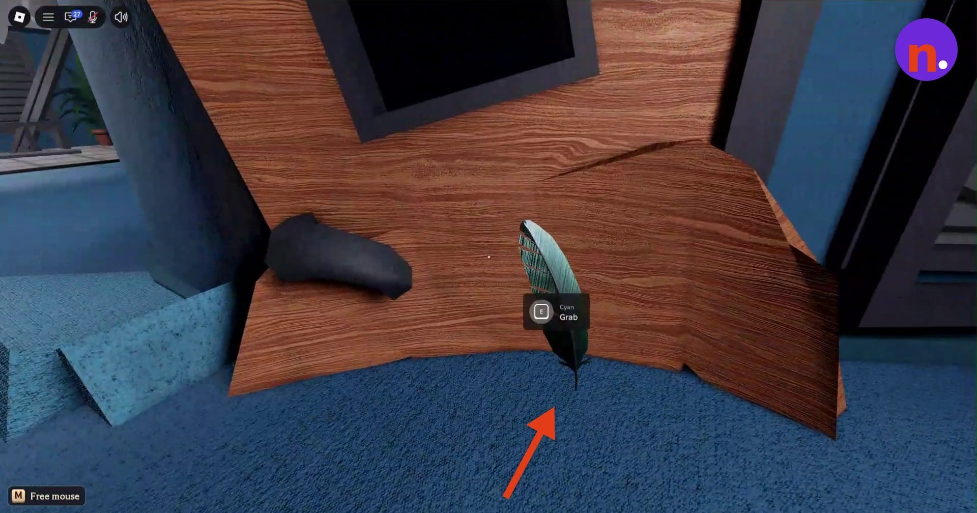 Grab the feather beside the broken door frame