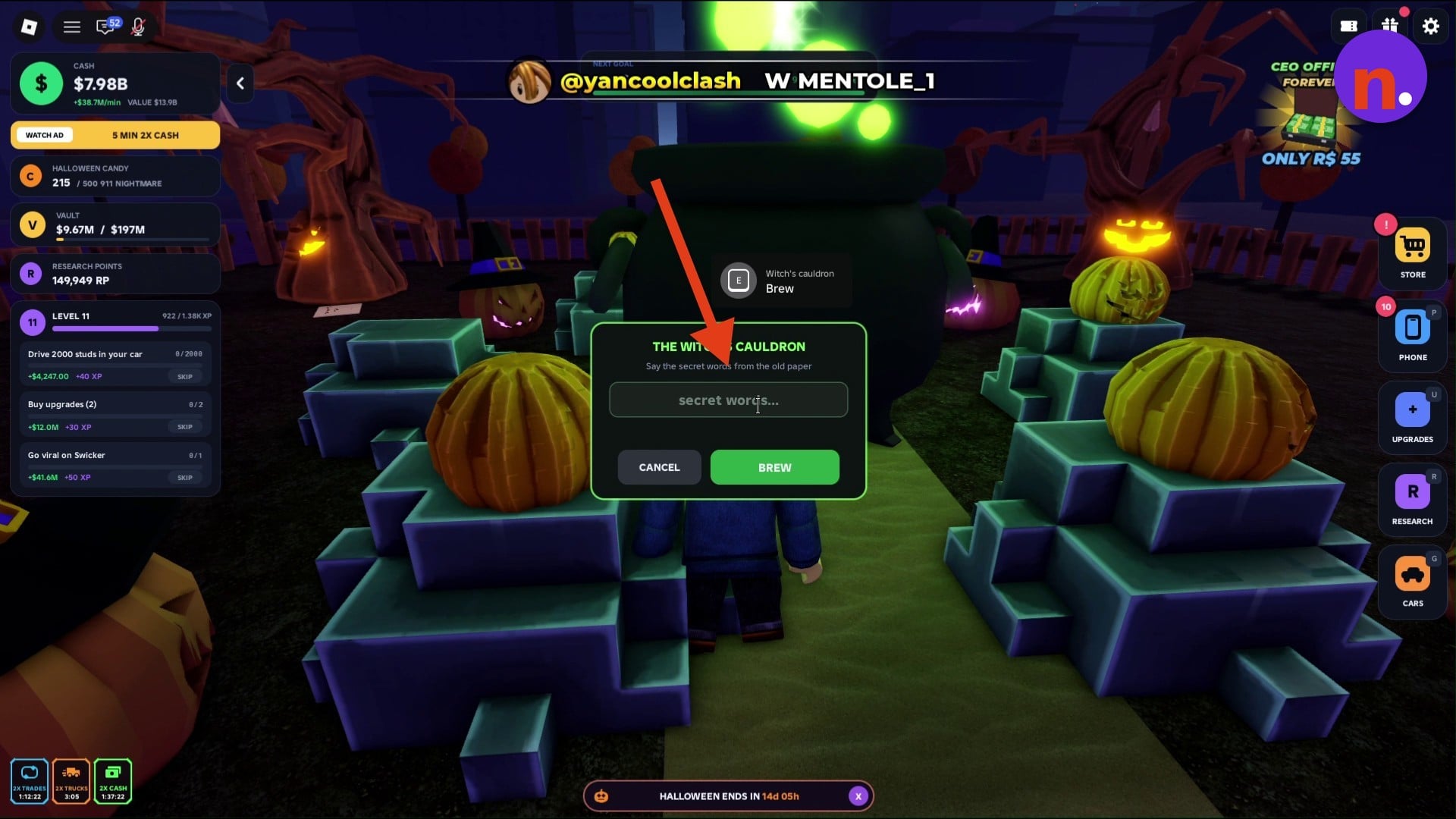 The cauldron dialog asks for the old paper's secret words.