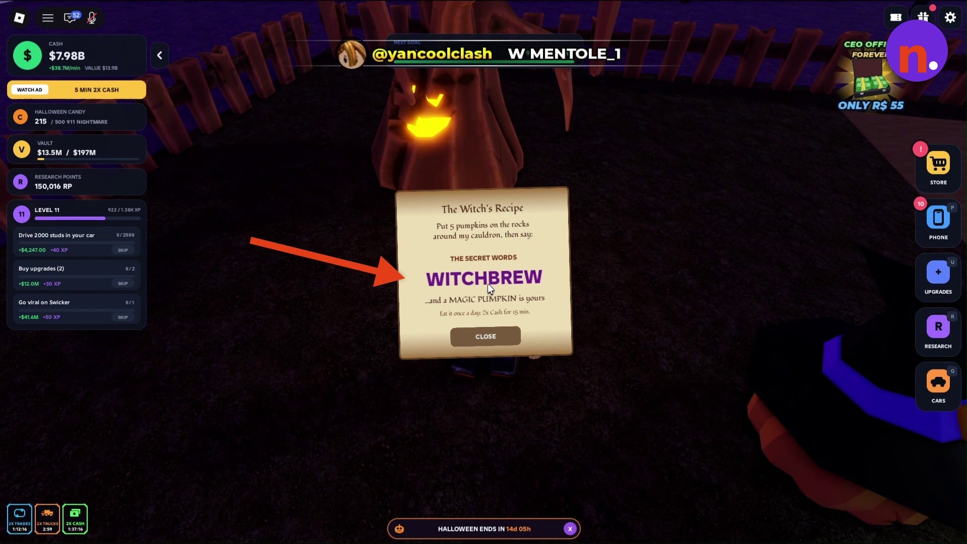 The Witch's Recipe displays the secret words WITCHBREW.