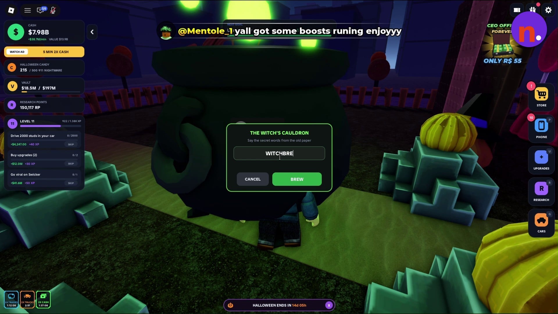 Enter the recipe's secret words in the cauldron dialog.