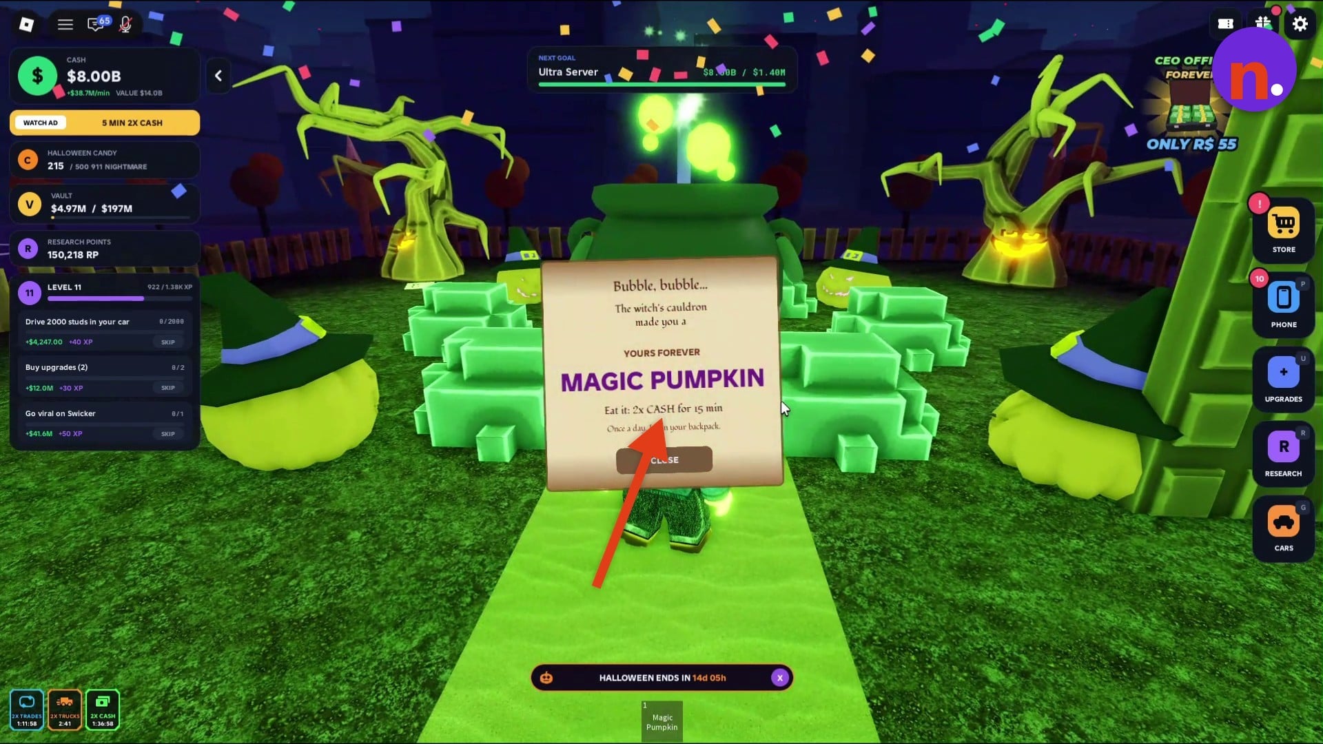 The Magic Pumpkin reward popup marks the completed recipe.