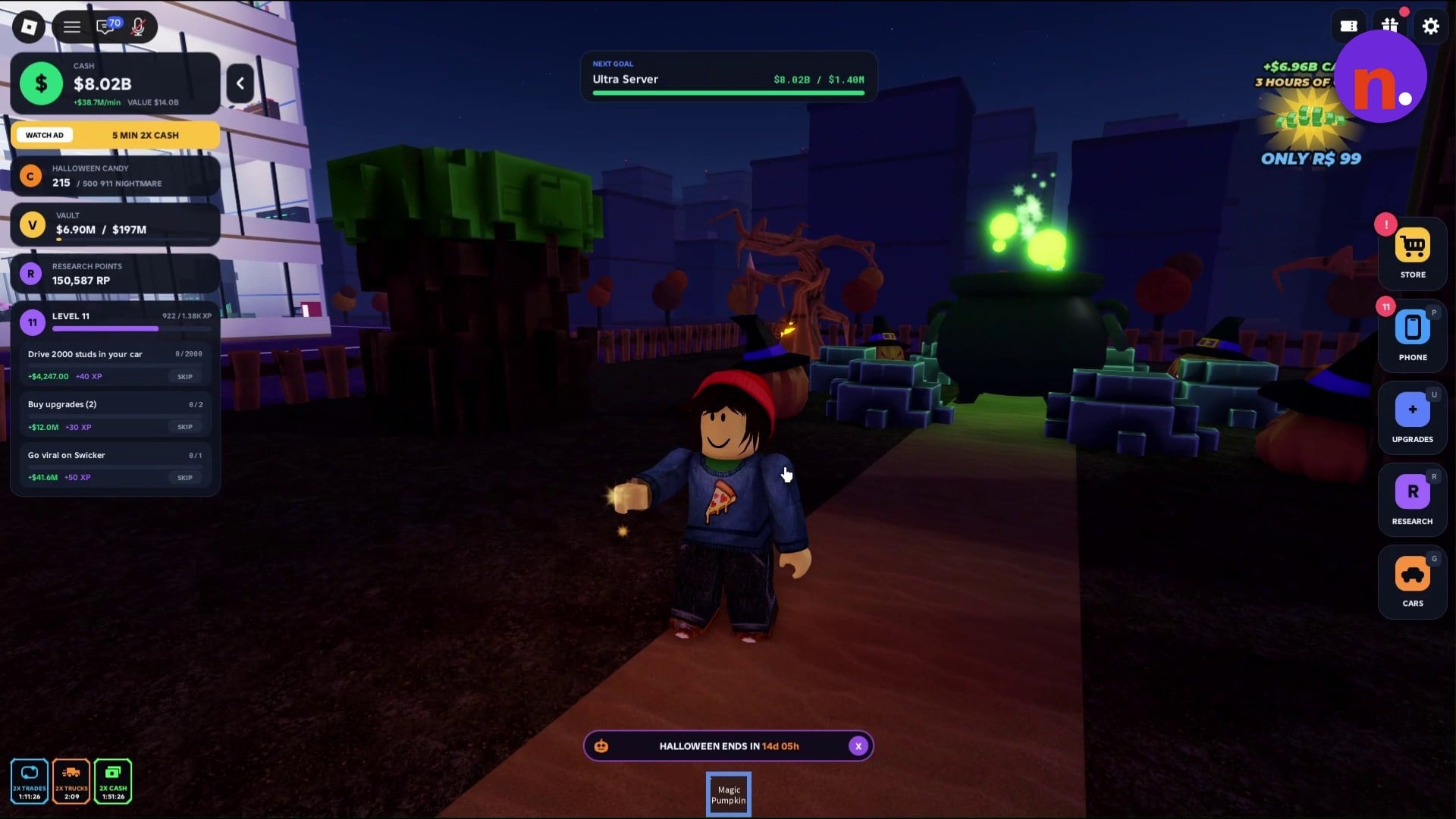 The Cash boost activates after eating the Magic Pumpkin.