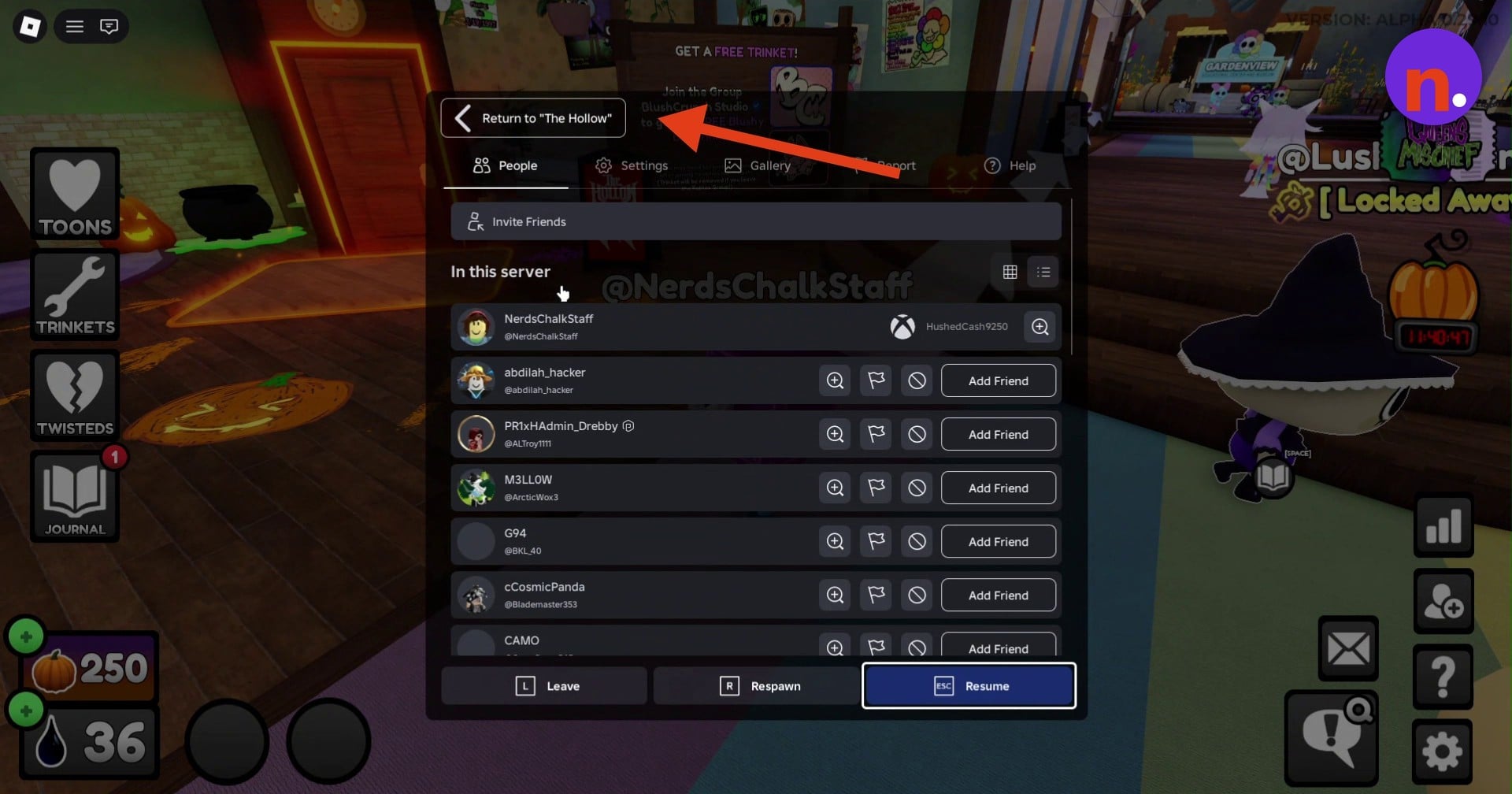 Return through the Roblox menu
