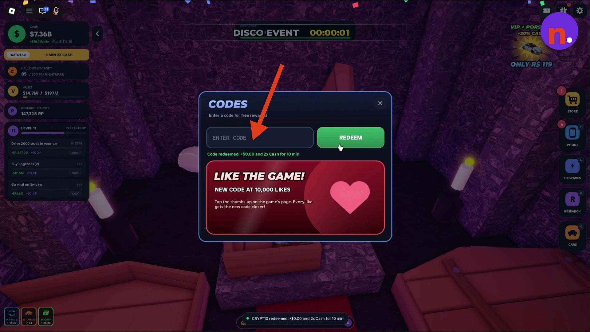 The Codes menu displays the successful redemption