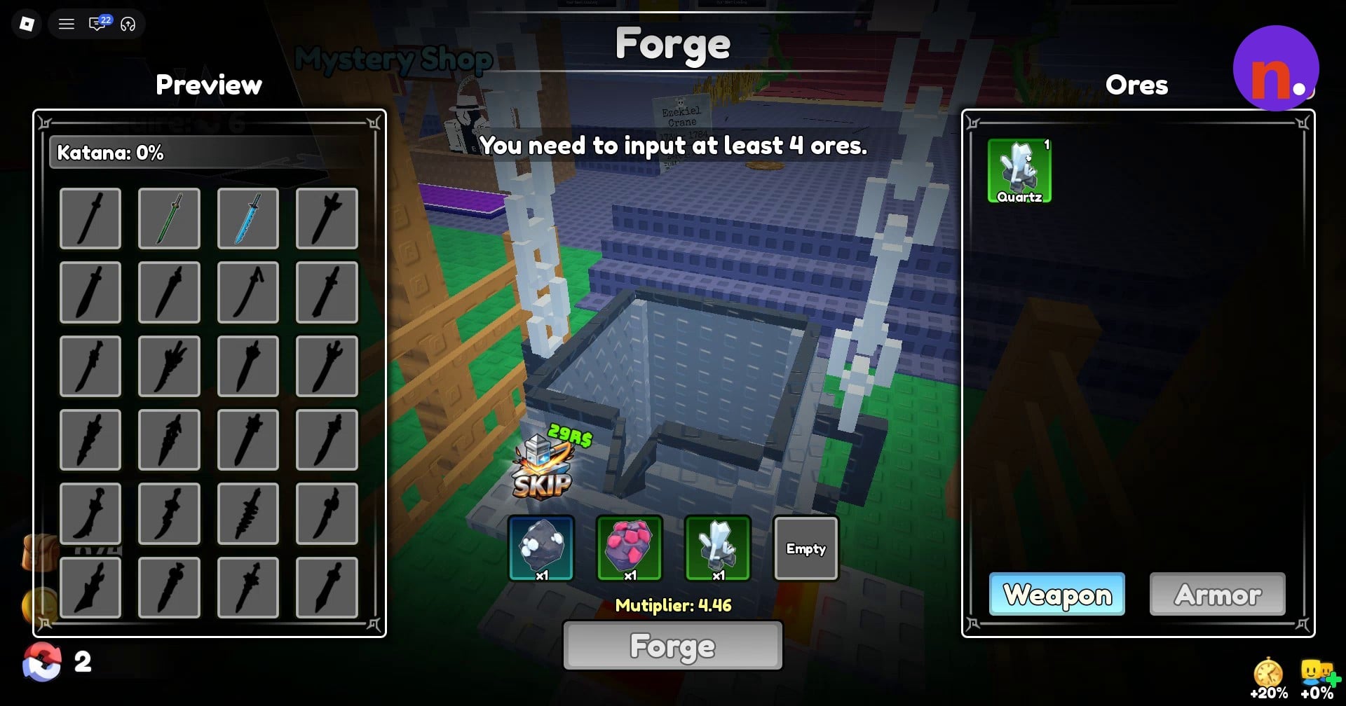 The Forge interface has ingredient slots beneath the cauldron