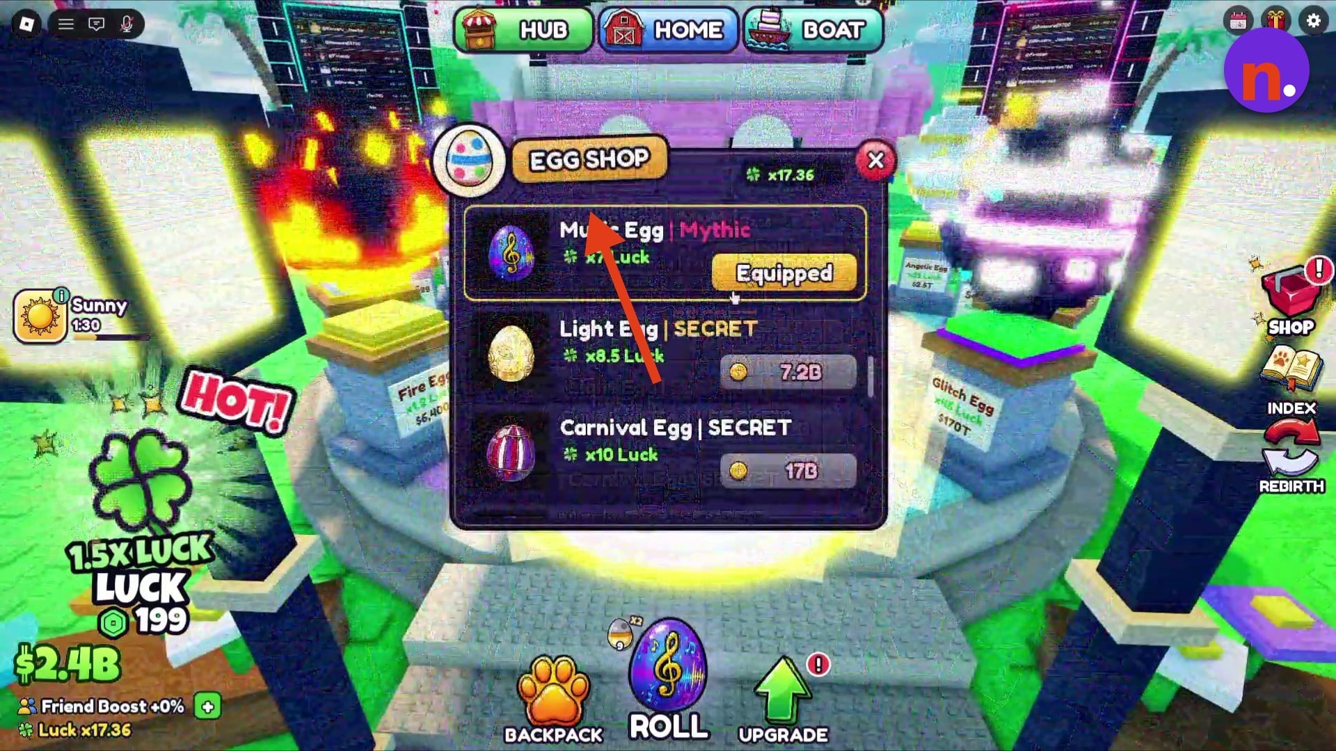 Egg Shop menu with egg choices and luck multipliers