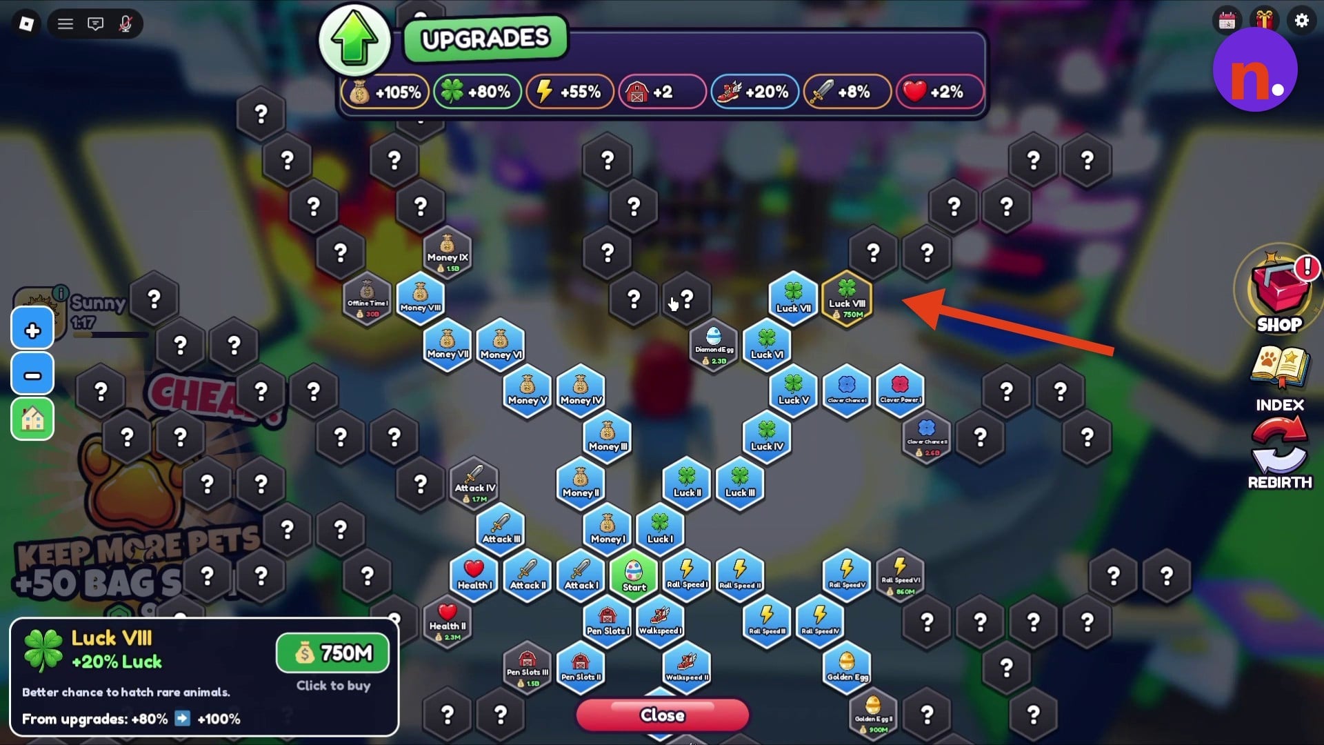 Luck VIII selected in the upgrade hex tree