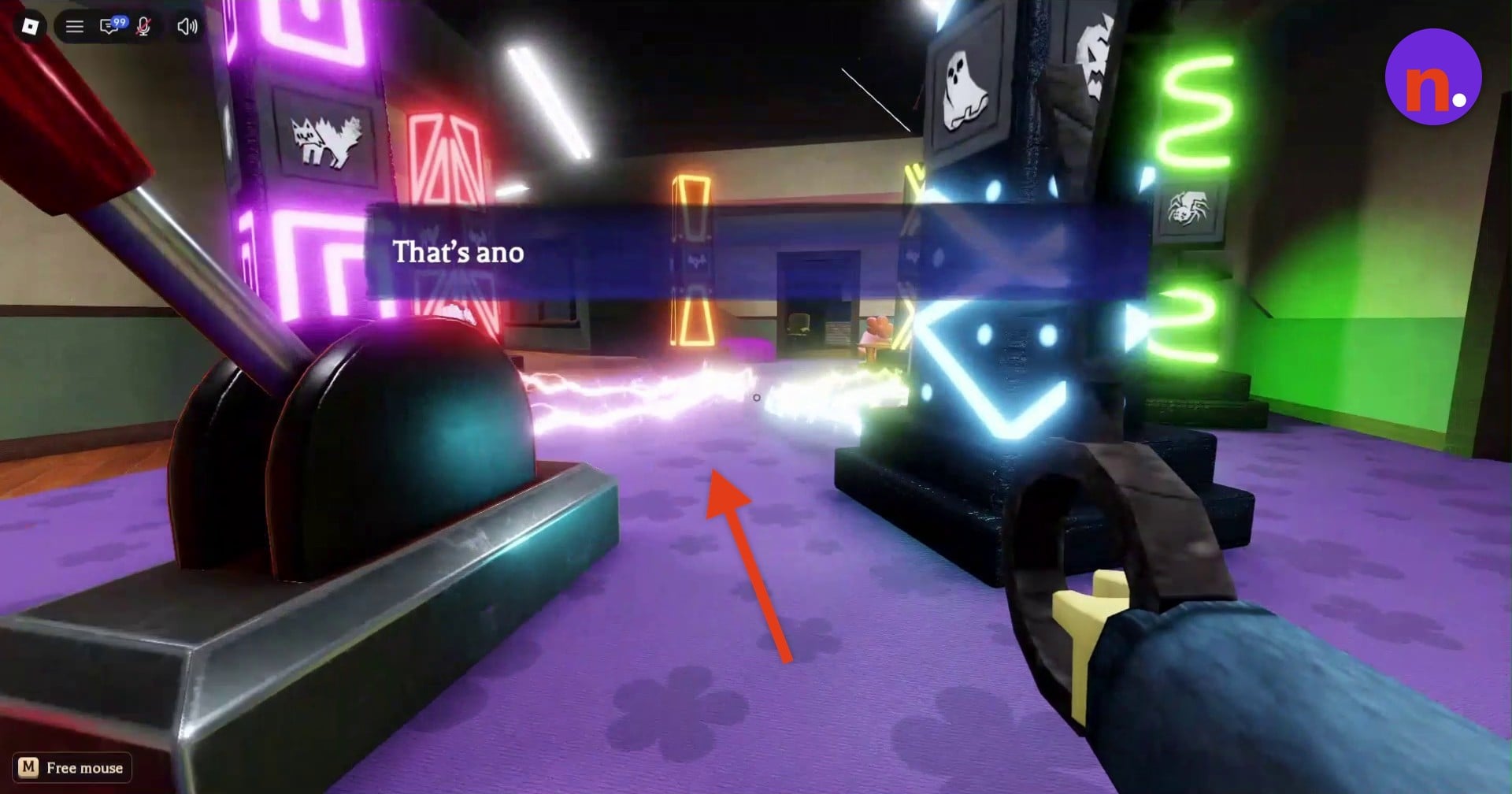 Lightning beams link the pillars as dialogue appears
