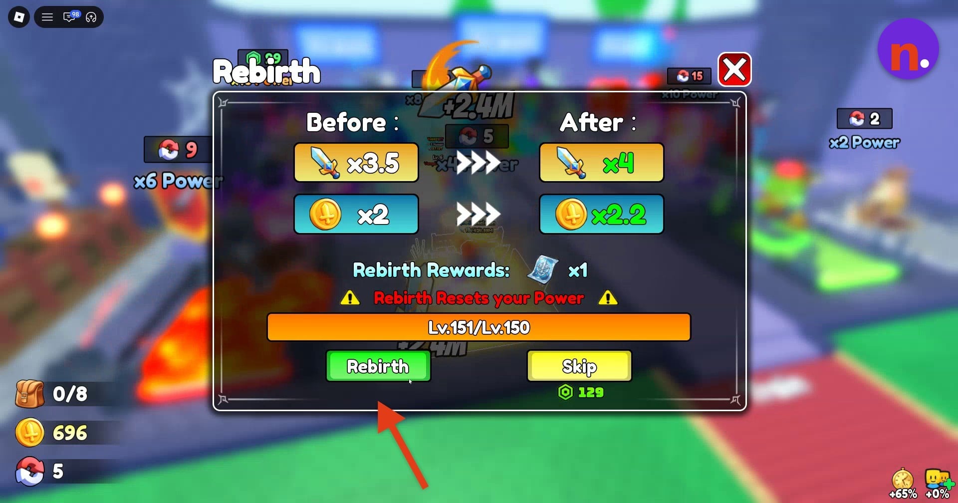 The Rebirth menu’s level progress, reward and Skip option