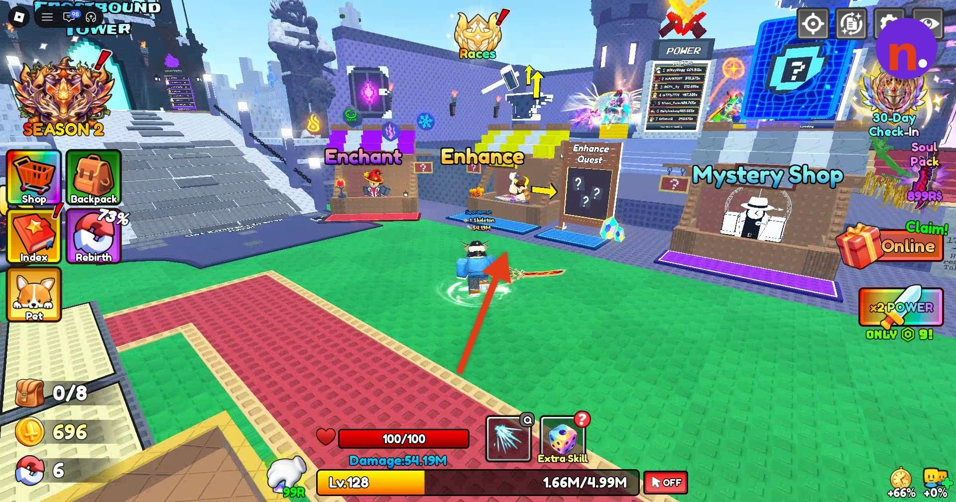 The unlocked Enhance stall in the town hub