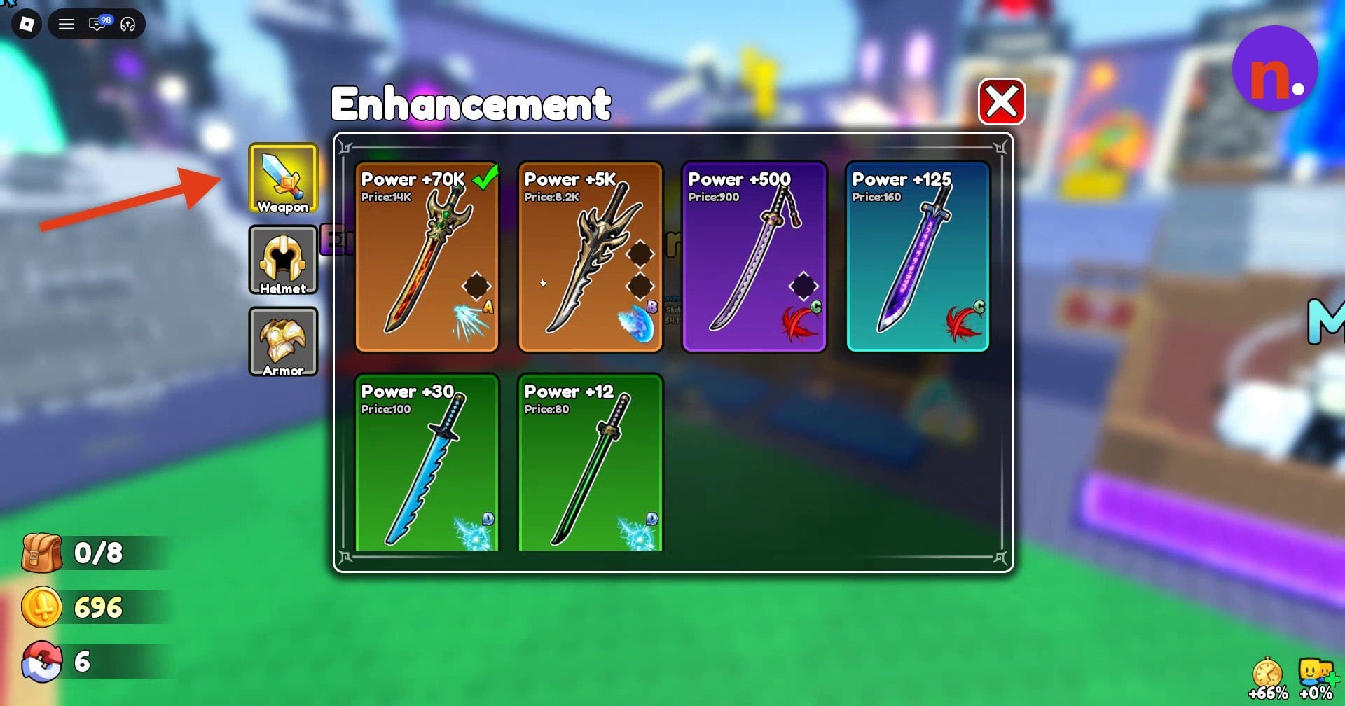 Equipment choices in the Enhancement menu
