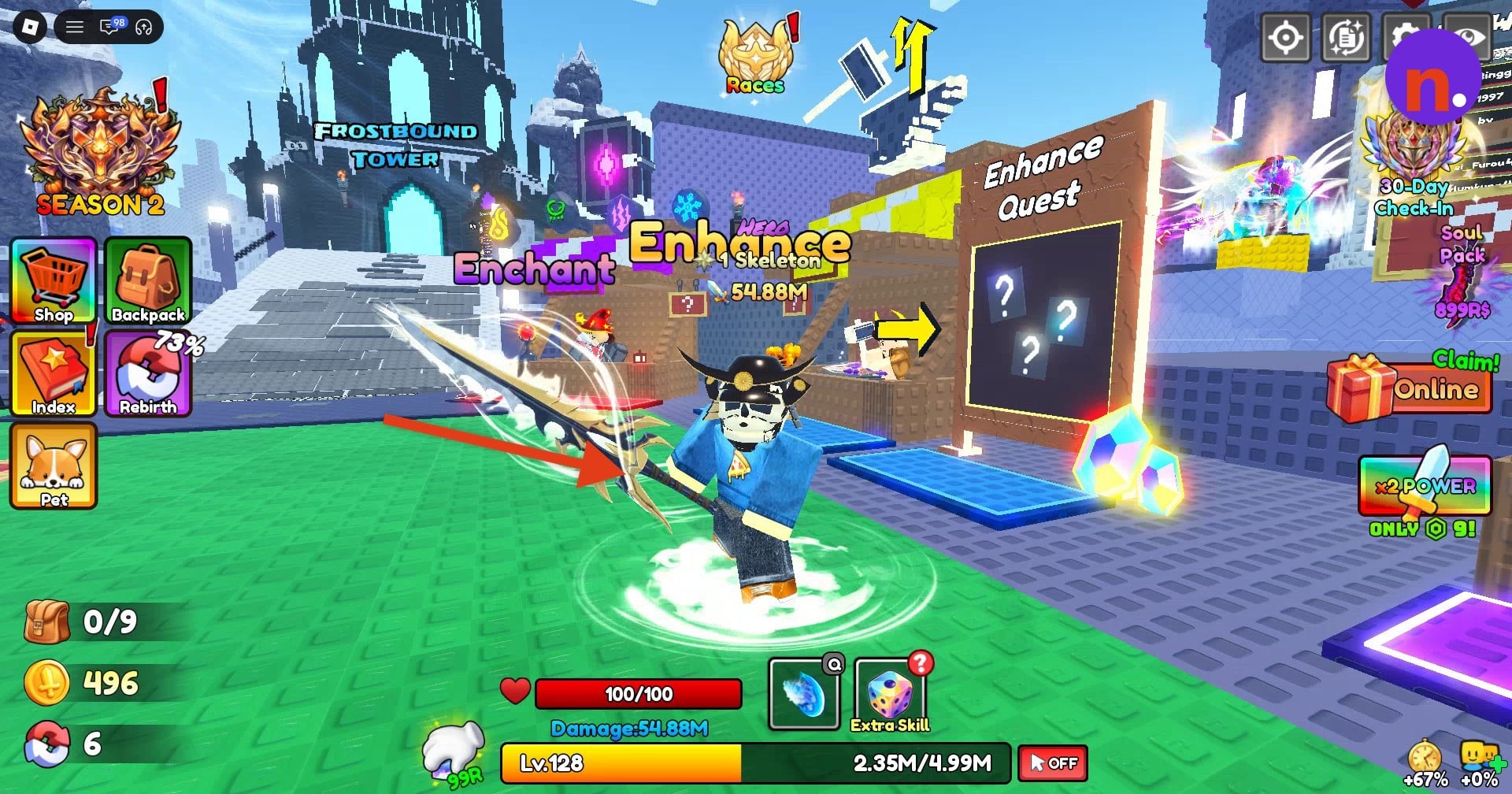 The enhanced weapon’s glowing aura