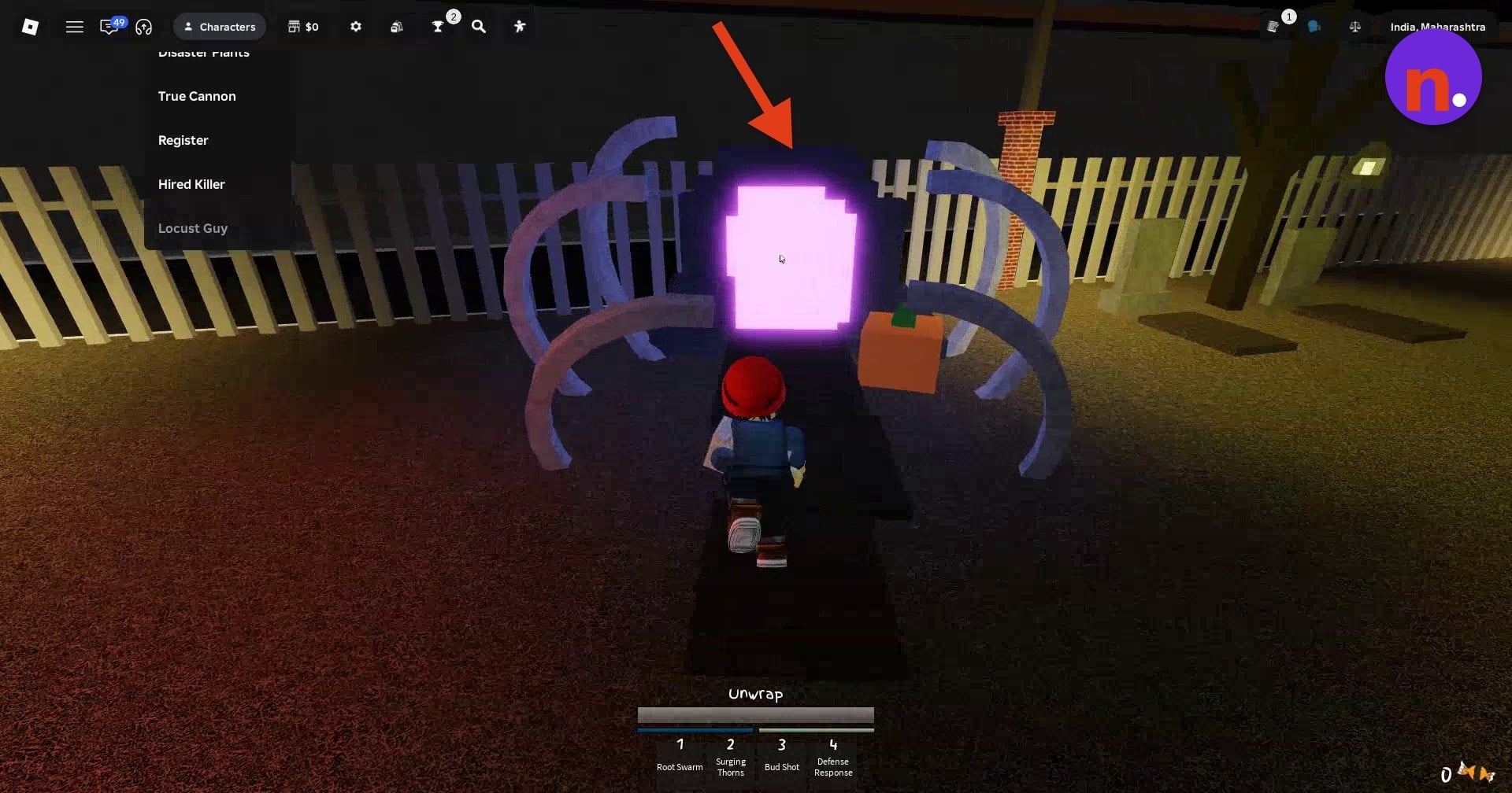 The purple portal sits between bone arches in the graveyard courtyard.