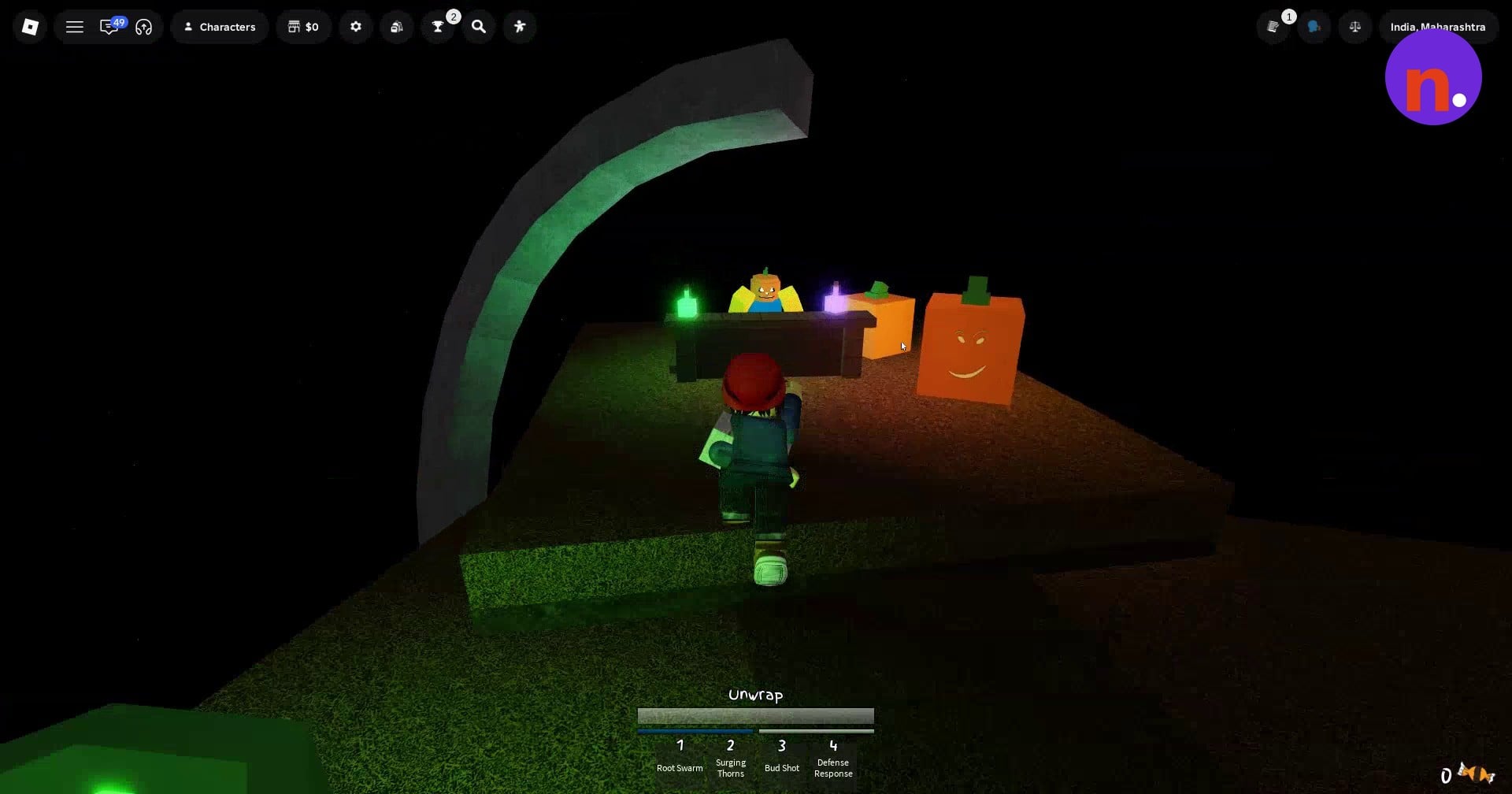 Look for the pumpkin-headed shopkeeper and the E interaction prompt.