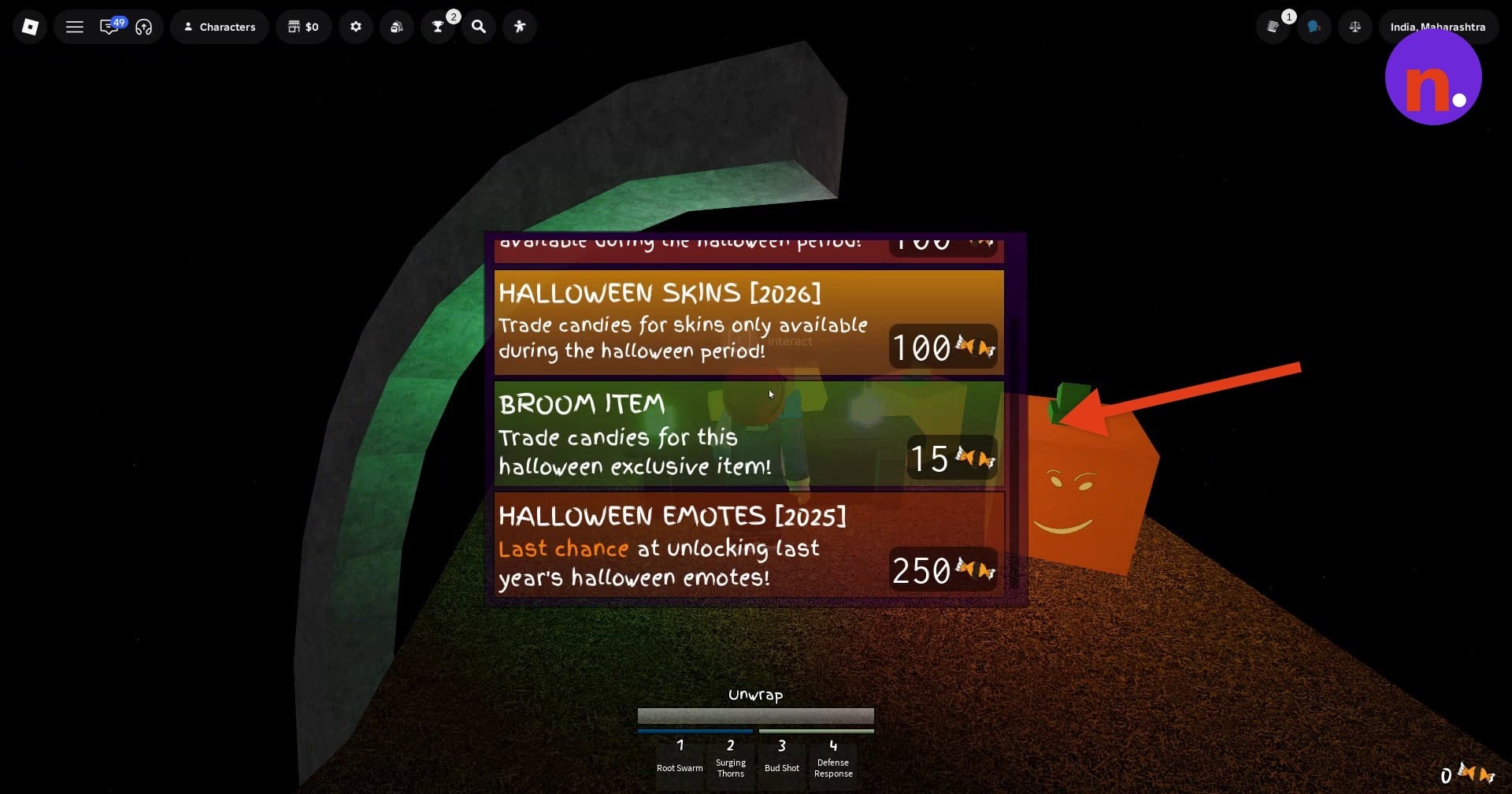The Halloween candy trade menu displays the reward listings and their candy costs.