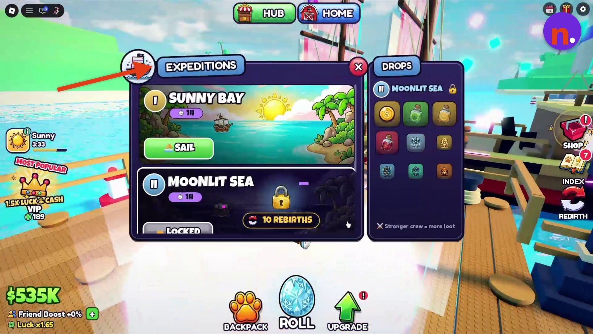 Expeditions menu with Sunny Bay and Moonlit Sea