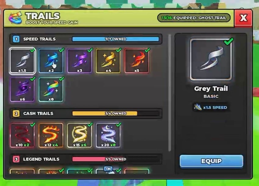 Grey Trail selected in the Trails panel