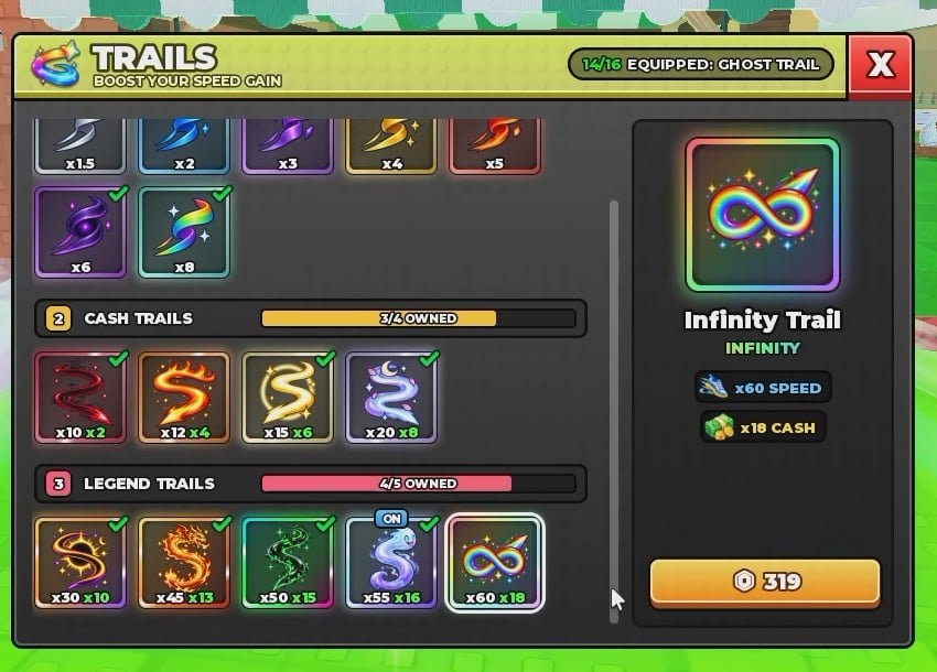 Infinity Trail selected in the Trails panel