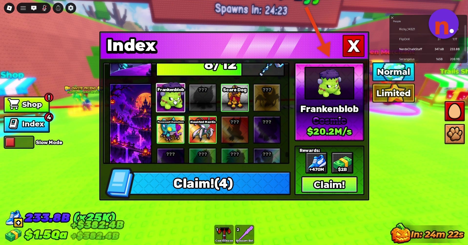 Frankenblob’s Index entry separates its rarity and cash rate from its Rewards field.