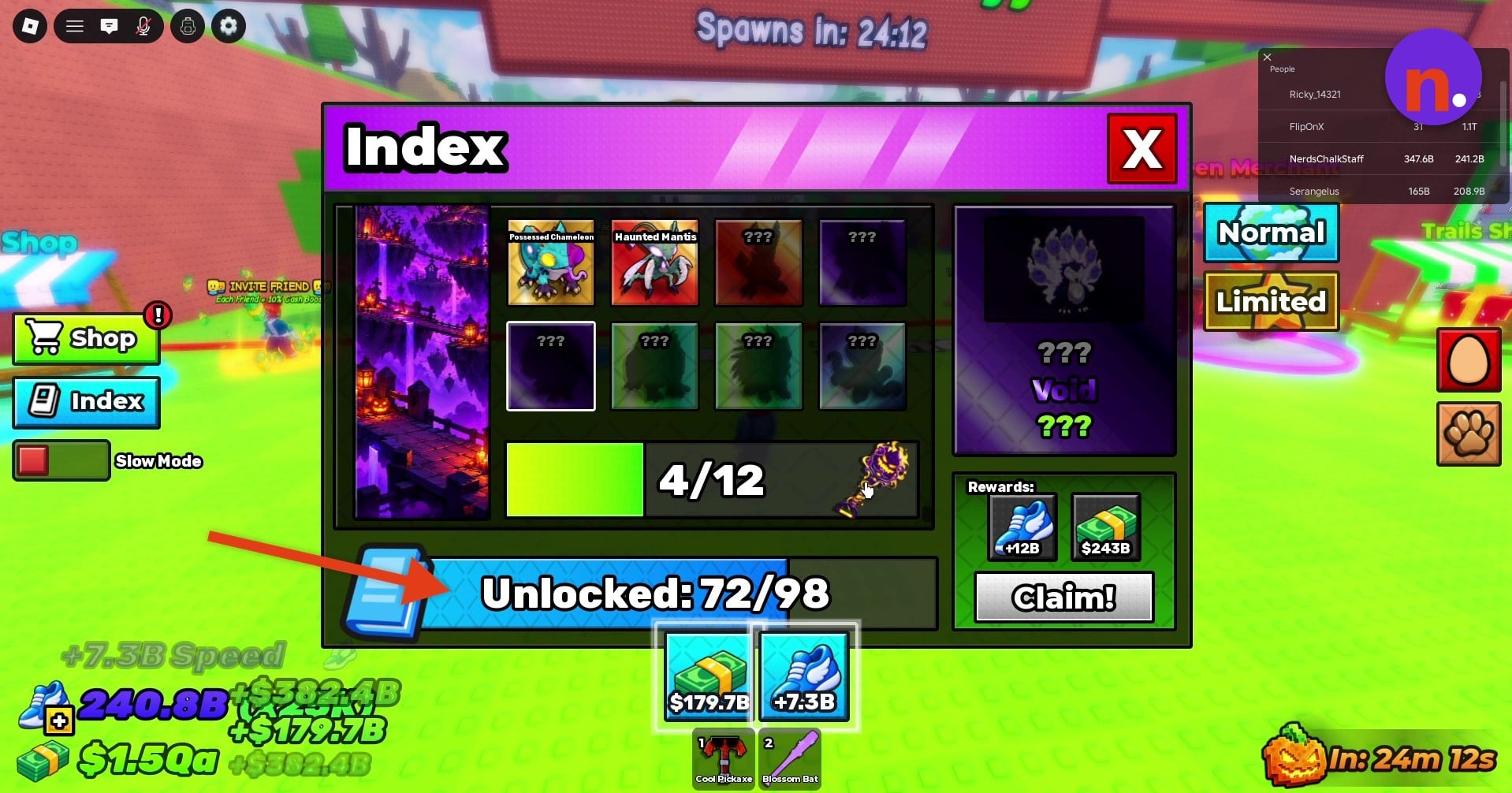 Uncollected pets appear as silhouettes. Some Index entries use??? labels.