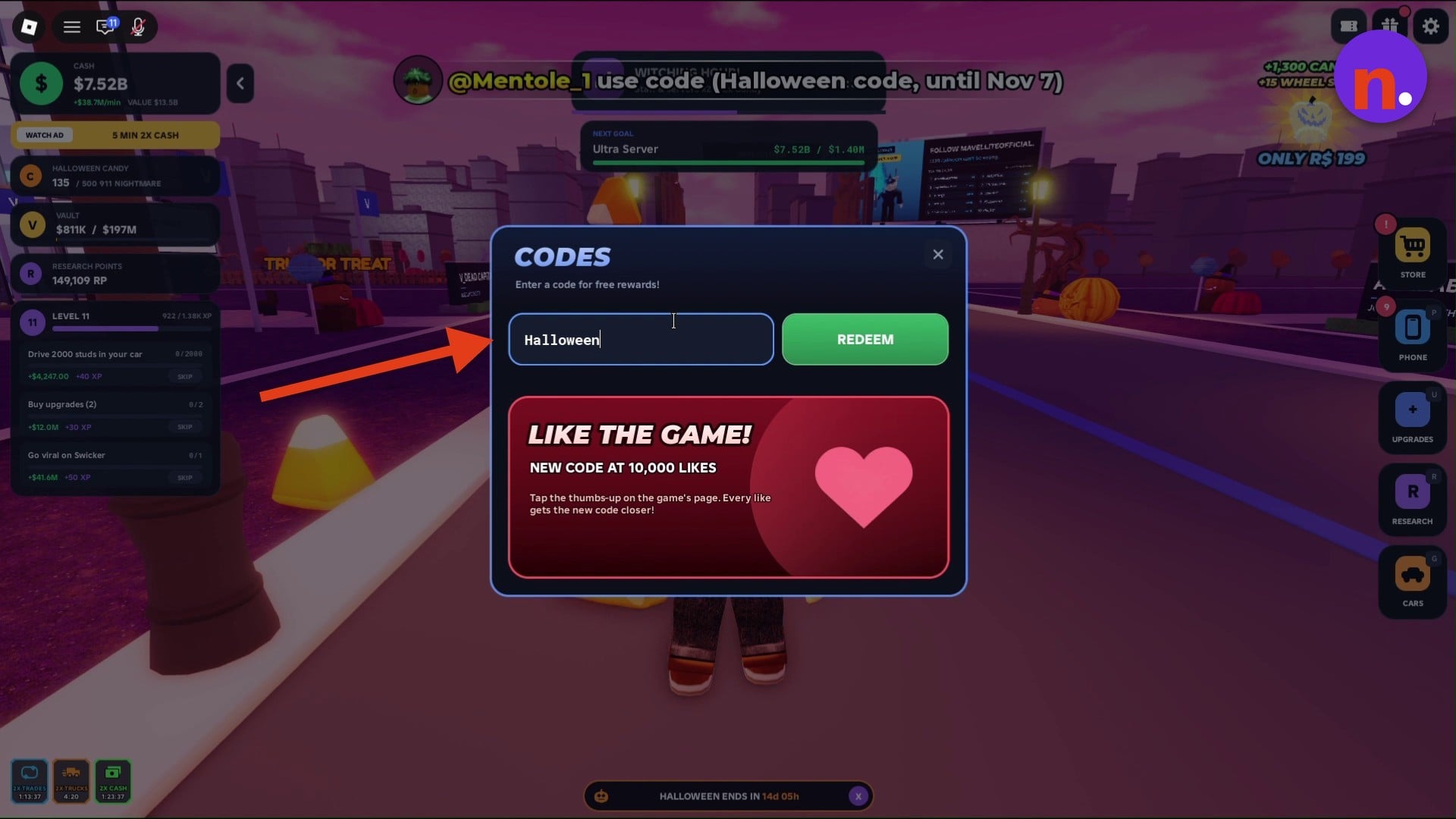 Enter Halloween in the Codes window