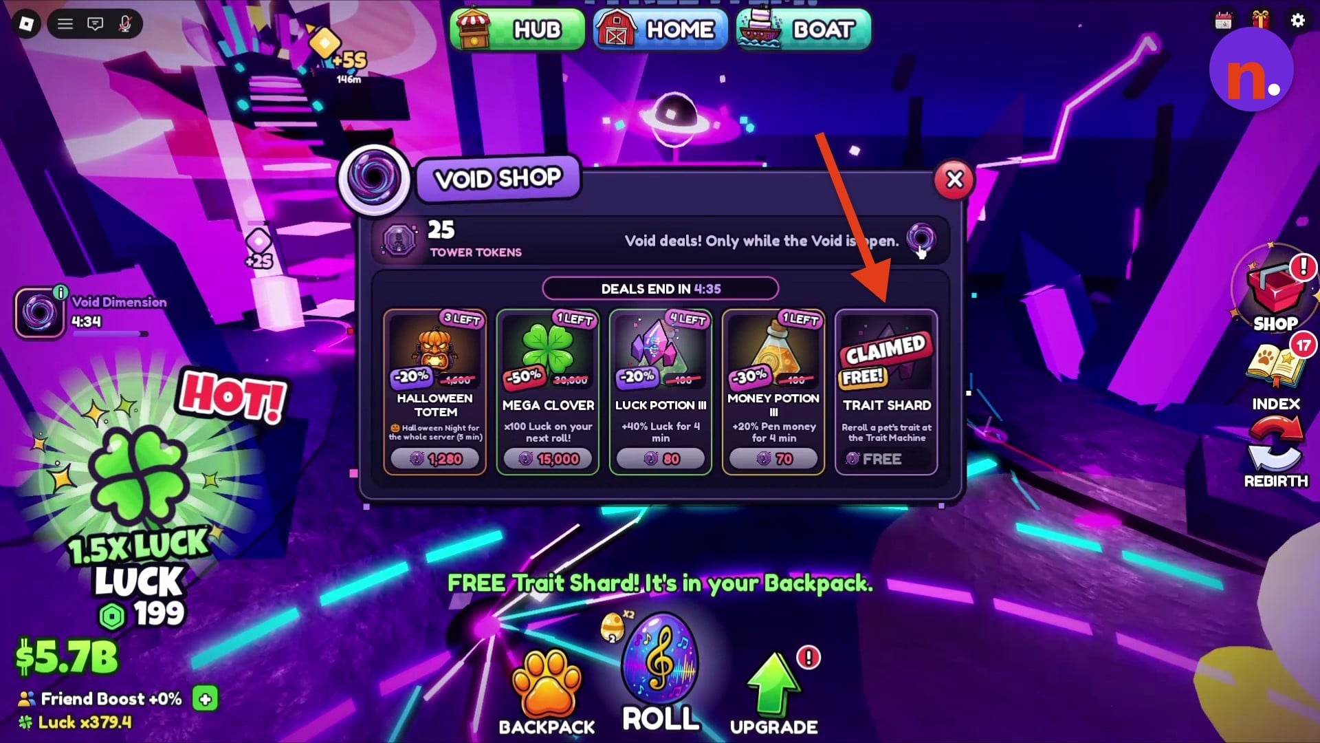 The Trait Shard's CLAIMED FREE badge confirms collection
