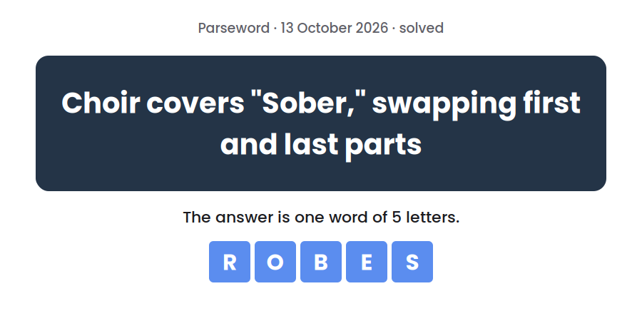 Parseword clue for 13 October 2026, “Choir covers "Sober," swapping first and last parts”, with the answer ROBES in tiles below
