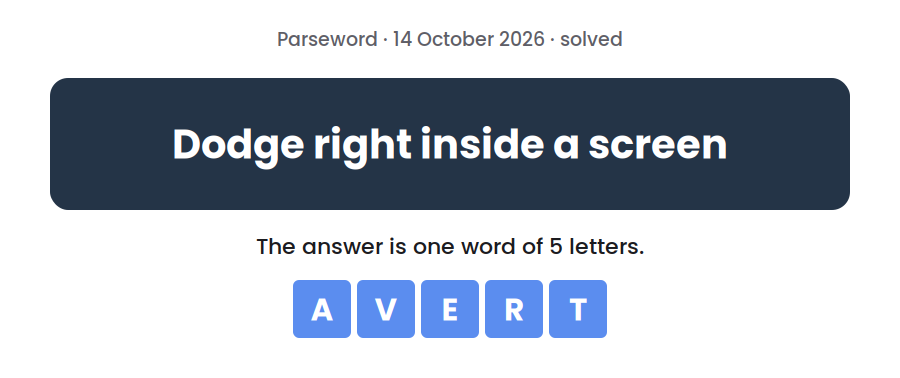 Parseword clue for 14 October 2026, “Dodge right inside a screen”, with the answer AVERT in tiles below