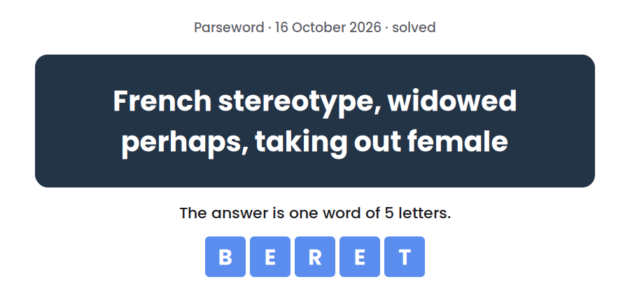 Parseword clue for 16 October 2026, “French stereotype, widowed perhaps, taking out female”, with the answer BERET in tiles below