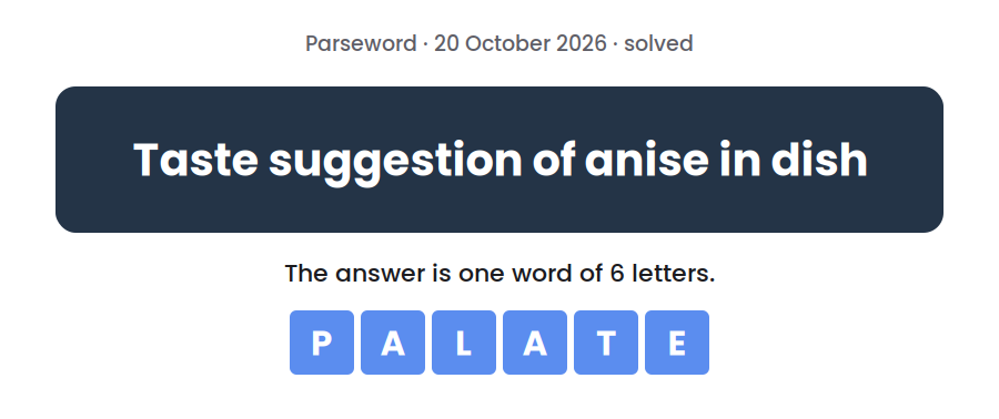 Parseword clue for 20 October 2026, “Taste suggestion of anise in dish”, with the answer PALATE in tiles below