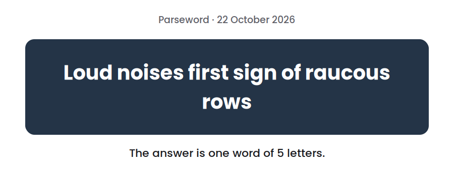 Parseword clue for 22 October 2026, “Loud noises first sign of raucous rows”, on a dark card