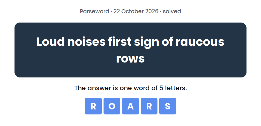 Parseword clue for 22 October 2026, “Loud noises first sign of raucous rows”, with the answer ROARS in tiles below