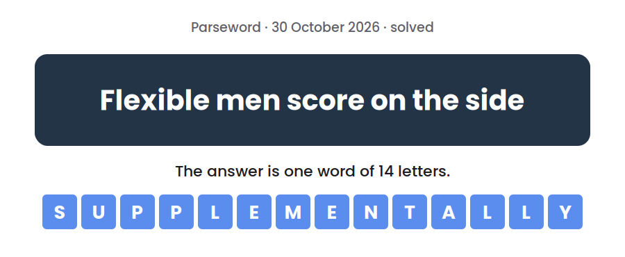 Parseword clue for 30 October 2026, “Flexible men score on the side”, with the answer SUPPLEMENTALLY in tiles below