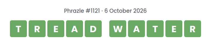 Phrazle answer for puzzle #1121 shown as green tiles: TREAD WATER.