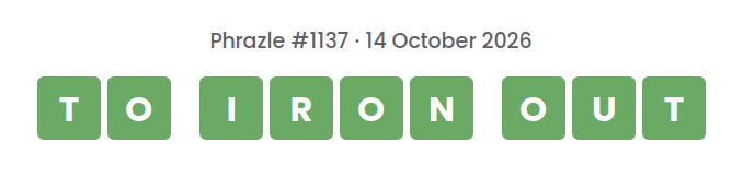 Phrazle answer for puzzle #1137 shown as green tiles: TO IRON OUT.