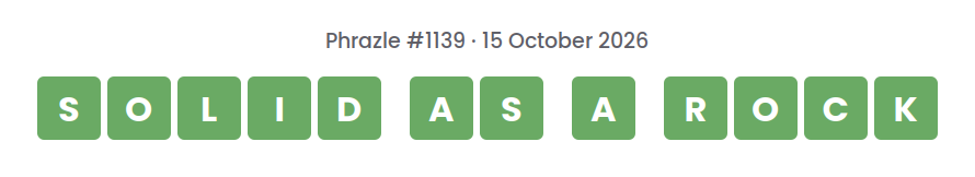 Phrazle answer for puzzle #1139 shown as green tiles: SOLID AS A ROCK.