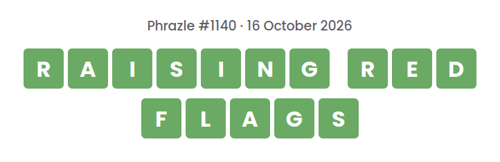 Phrazle answer for puzzle #1140 shown as green tiles: RAISING RED FLAGS.