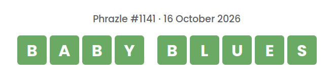 Phrazle answer for puzzle #1141 shown as green tiles: BABY BLUES.