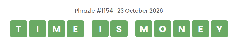 Phrazle answer for puzzle #1154 shown as green tiles: TIME IS MONEY.