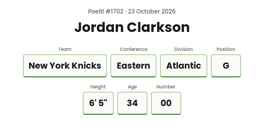 Drawn card for the Poeltl answer on 23 October 2026, showing Jordan Clarkson, New York Knicks, and the game's other player data as text.