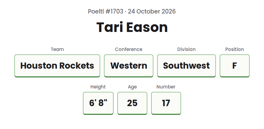 Drawn card for the Poeltl answer on 24 October 2026, showing Tari Eason, Houston Rockets, and the game's other player data as text.