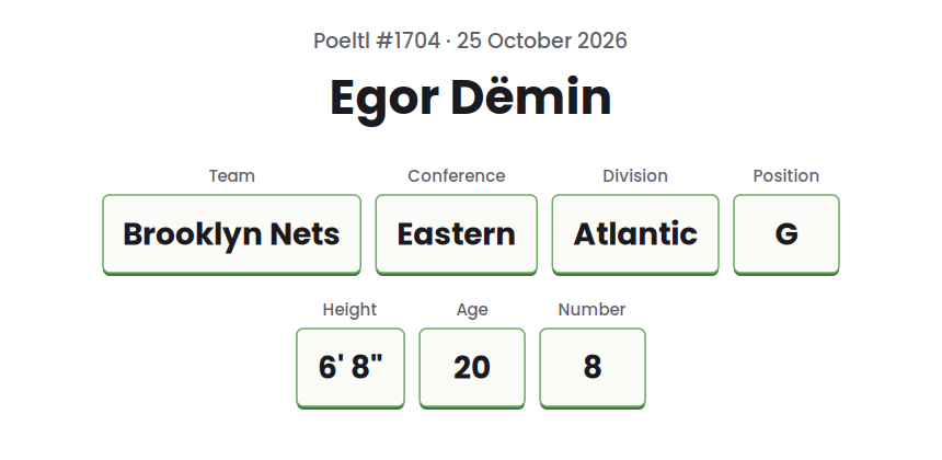 Drawn card for the Poeltl answer on 25 October 2026, showing Egor Dëmin, Brooklyn Nets, and the game's other player data as text.